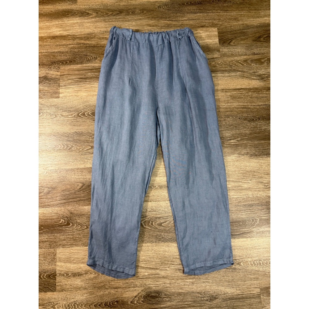 Italian Linen Pants Kaktus Blue Made in Italy Elastic Waist Straight Leg L